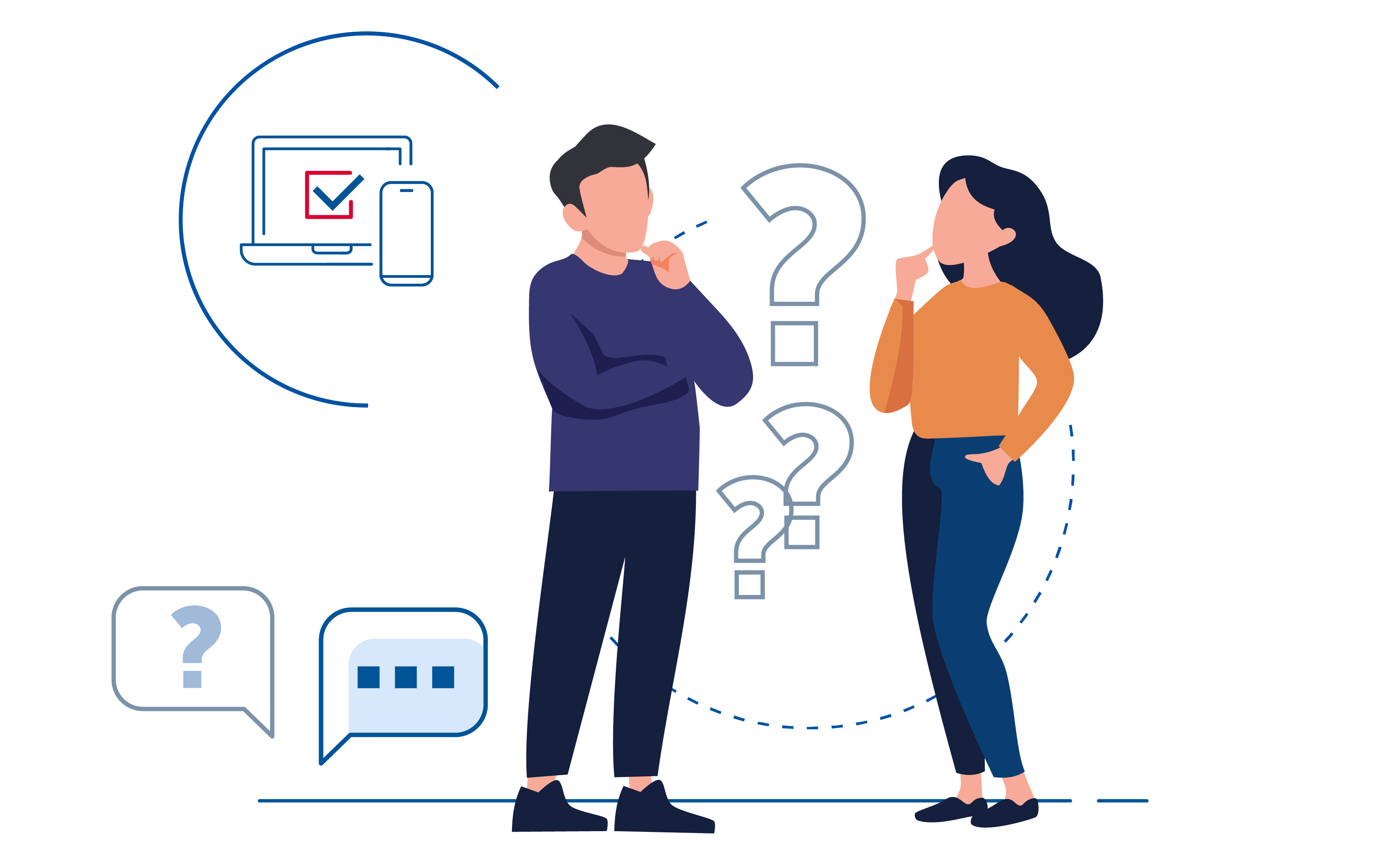 Grafika na której widać dwie osoby i znaki zapytania